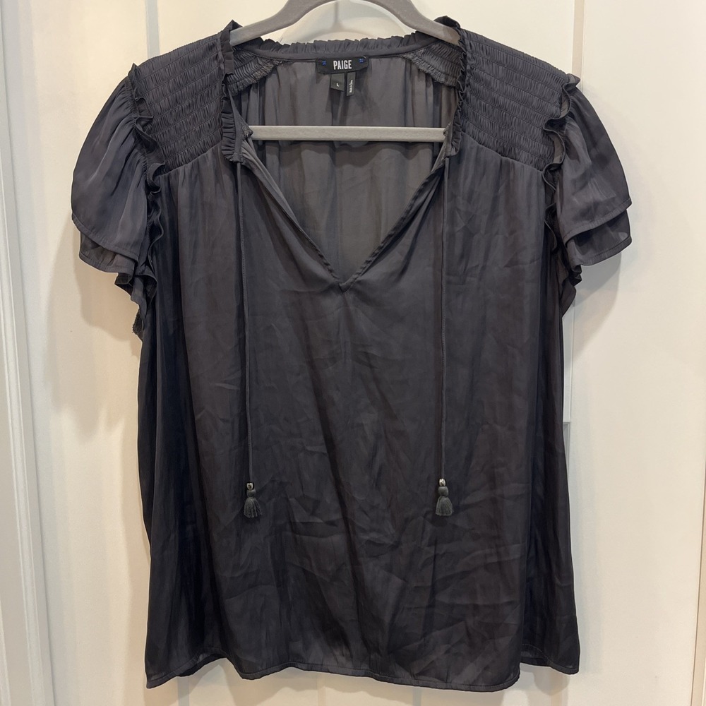 PAIGE Black Obsidian Smocked Neck Flutter Sleeve V Neck Tassel Top‎ Women's Sz L